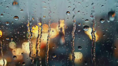 Akşamları pencere camına yağmur damlaları damlıyor. Şehir ışığı bokeh