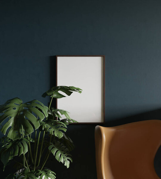простой элегантный деревянный макет рамы плакат висит на голубой стене со стулом и украшением растений