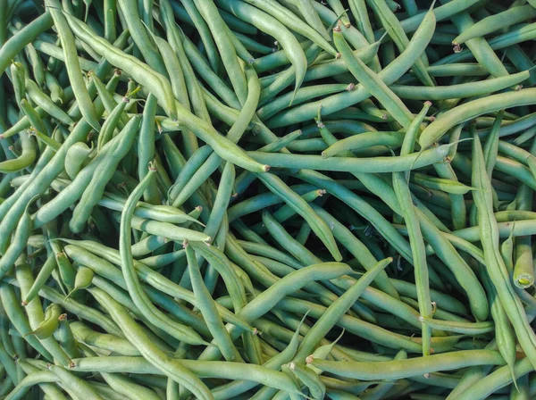 Πράσινα Φασόλια Που Εκτίθενται Στην Αγορά Των Αγροτών Closeup Της — Φωτογραφία Αρχείου