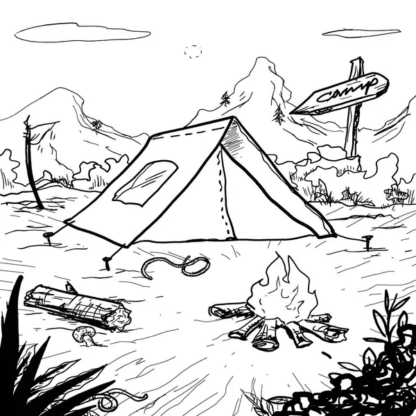 在森林里露营 在山上画线条 搭帐篷 生起篝火 制作可爱的卡通图案 — 图库照片
