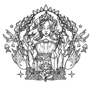 Fantezi deniz kızı çizimi. Elle çizilmiş siyah beyaz mitolojik karakter. Su altı kabartma kompozisyonu. Vintage elementi. Wiccan ve pagan sanatı. Dekoratif bir doğa. Beyazda izole edilmiş