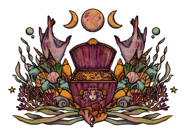 Fantezi deniz kızı çizimi. El çizimi renkli mitolojik karakter. Su altı kabartma kompozisyonu. Vintage elementi. Wiccan ve pagan sanatı. Dekoratif bir doğa. Beyazda izole edilmiş