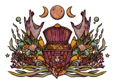 Fantezi deniz kızı çizimi. Elle çizilmiş renk ve altın mitolojik karakter. Su altı kabartma kompozisyonu. Vintage elementi. Wiccan ve pagan sanatı. Dekoratif bir doğa. Beyazda izole edilmiş