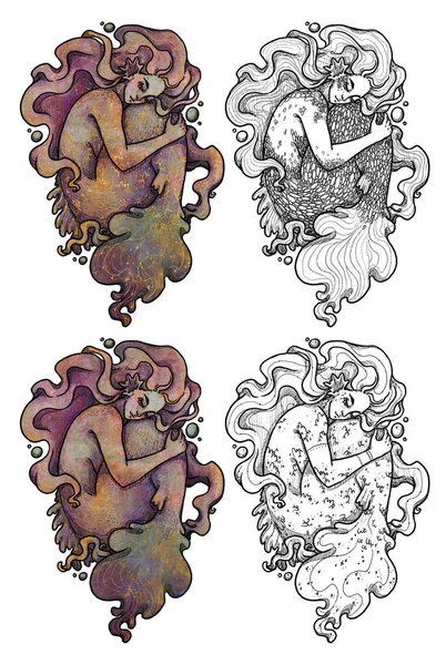 Fantazyjne Syreny Gotowe Ręcznie Rysowane Kolorowe Linii Średniej Wieku Ilustracji — Zdjęcie stockowe