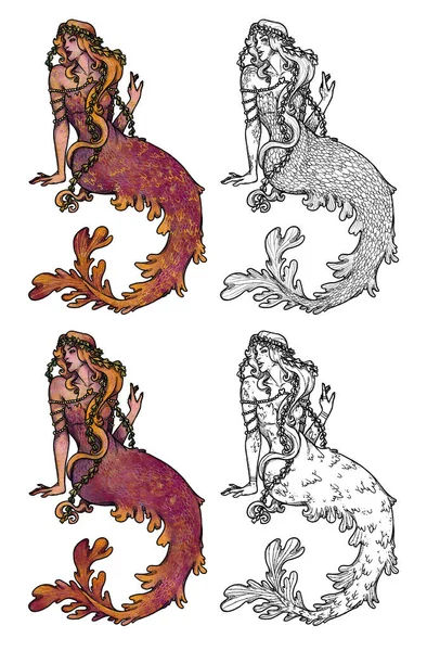 Fantazie Mořských Panen Ručně Kreslené Barevné Čára Středního Věku Ilustrace — Stock fotografie