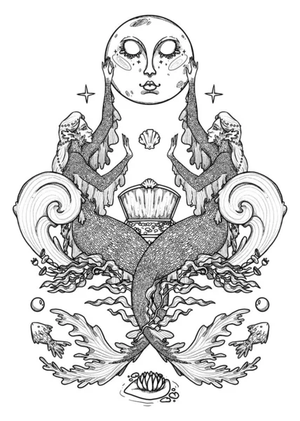 Illustration Sirène Fantaisie Caractère Mythologique Noir Blanc Dessiné Main Composition — Photo