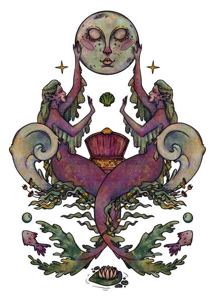 Fantasie Zeemeermin Illustratie Met Hand Getekend Gekleurd Mythologisch Karakter Onderwater — Stockfoto