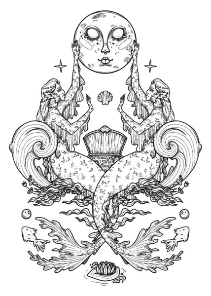 Fantasie Meerjungfrau Illustration Handgezeichnete Linie Kunst Mythologischen Charakter Zusammensetzung Der — Stockfoto