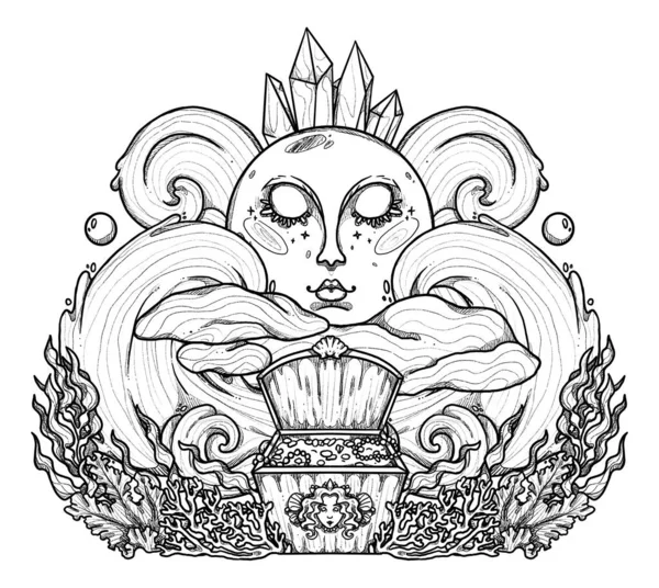 Ilustracja Syreny Fantazji Ręcznie Rysowany Czarno Biały Mitologiczny Charakter Kompozycja — Zdjęcie stockowe