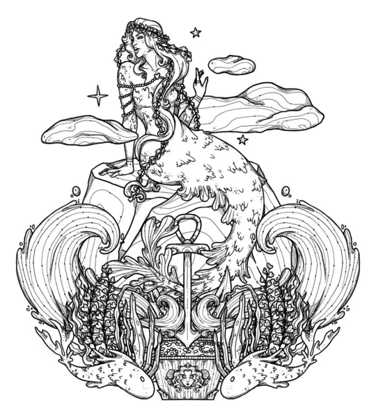 Illustration Sirène Fantaisie Caractère Mythologique Dessiné Main Composition Gravure Sous — Photo