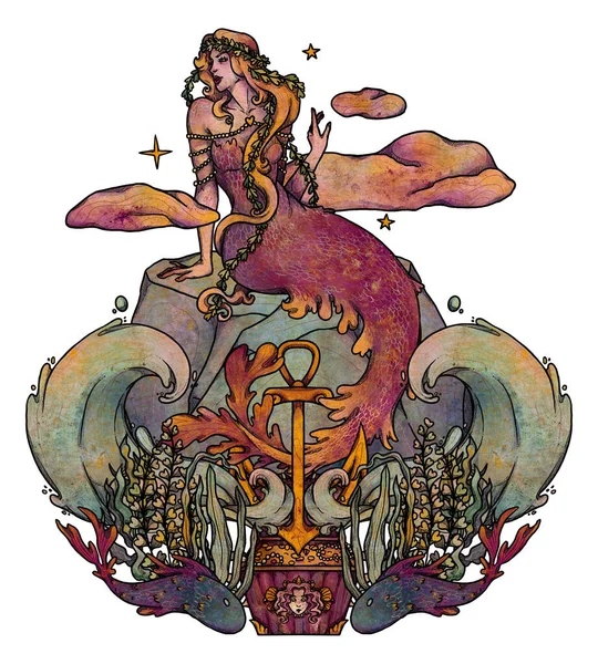 Fantazie Ilustrace Mořské Panny Ručně Kreslený Mytologický Charakter Podvodní Rytina — Stock fotografie