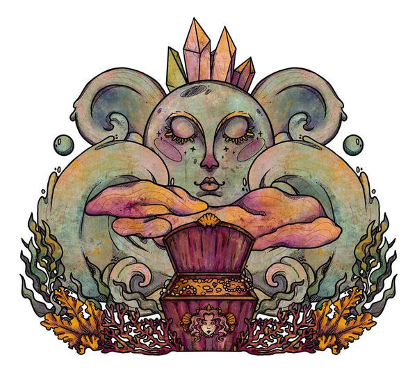 Ilustracja Syreny Fantazji Ręcznie Rysowany Kolorowy Charakter Mitologiczny Kompozycja Grawerowania — Zdjęcie stockowe