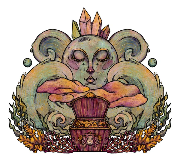 Ilustracja Syreny Fantazji Ręcznie Rysowany Kolor Mitologiczny Charakter Złota Kompozycja — Zdjęcie stockowe