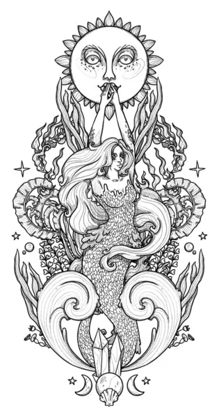 Fantasia Sereia Ilustração Personagem Mitológico Preto Branco Desenhado Mão Composição — Fotografia de Stock