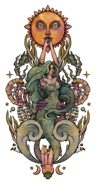 Fantasie Zeemeermin Illustratie Handgetekende Kleur Goud Mythologisch Karakter Onderwater Gravure — Stockfoto