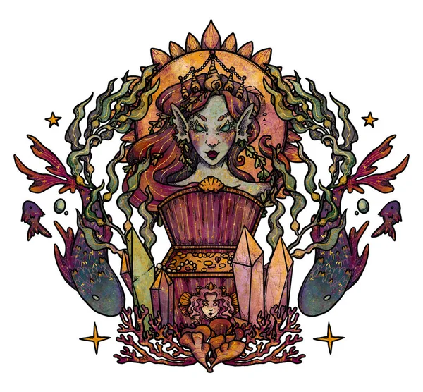 Ilustracja Syreny Fantazji Ręcznie Rysowany Kolor Mitologiczny Charakter Złota Kompozycja — Zdjęcie stockowe