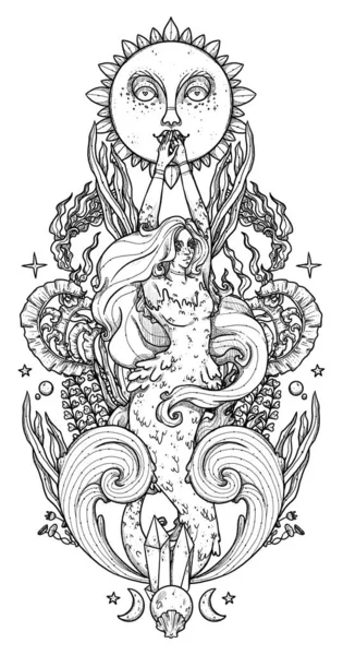 Ilustración Sirena Fantasía Carácter Mitológico Del Arte Línea Dibujado Mano —  Fotos de Stock