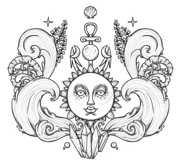 Ilustración Sirena Fantasía Carácter Mitológico Blanco Negro Dibujado Mano Composición —  Fotos de Stock