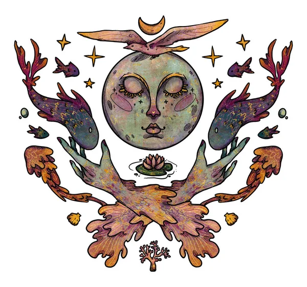 Ilustración Sirena Fantasía Color Dibujado Mano Carácter Mitológico Dorado Composición —  Fotos de Stock