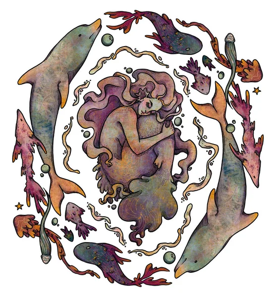 Fantasie Zeemeermin Illustratie Met Hand Getekend Gekleurd Mythologisch Karakter Onderwater — Stockfoto