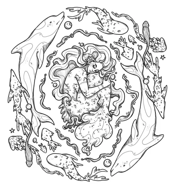ファンタジー人魚のイラスト 手描きの線画神話のキャラクター 水中彫刻作品 ヴィンテージ要素 ウィカンと異教の芸術 装飾的な性質 白に隔離された — ストック写真