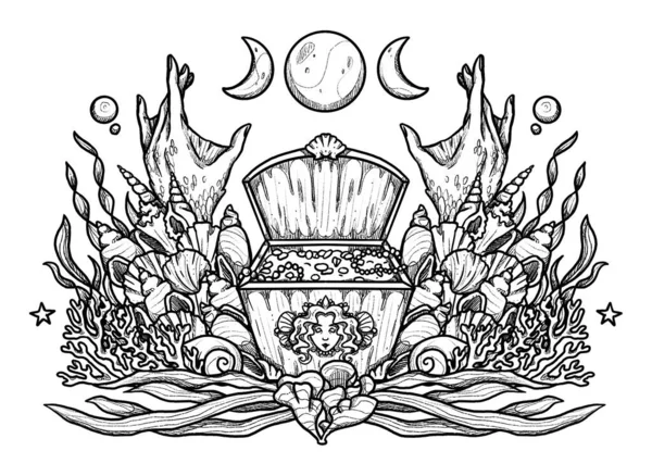 ファンタジー人魚のイラスト 手描きの黒と白の神話のキャラクター 水中彫刻作品 ヴィンテージ要素 ウィカンと異教の芸術 装飾的な性質 白に隔離された — ストック写真