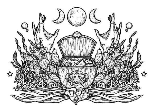 Illustration Sirène Fantaisie Caractère Mythologique Dessiné Main Composition Gravure Sous — Photo