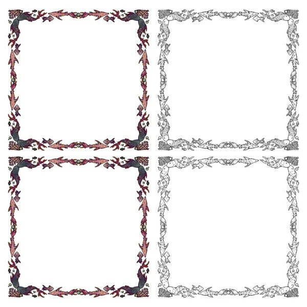 Boho Υποβρύχια Τετραγωνικά Πλαίσια Χειροποίητο Έγχρωμο Σετ Και Γραμμή Τέχνης — Φωτογραφία Αρχείου
