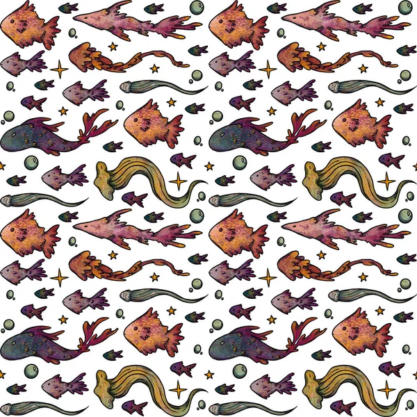 Fantasia Subaquática Padrões Sem Costura Peixes Coloridos Desenhados Mão Medusas — Fotografia de Stock