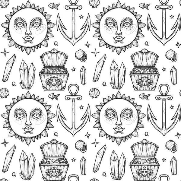Podvodní Fantazie Bezešvé Vzory Ručně Kreslené Dekorativní Čáry Uměleckého Slunce — Stock fotografie