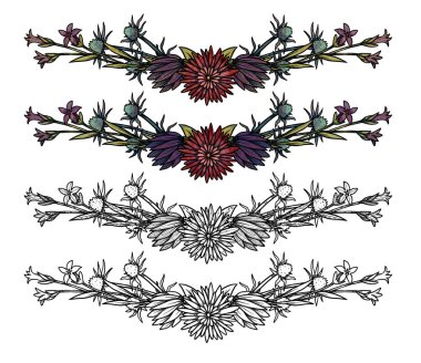 Boho çiçek çerçeveleri. Elle boyanmış ve çizilmiş sanat seti. Çiçek çizimleri. Vintage elementi. Wiccan ve pagan sanatı. Dekoratif bir doğa. Beyazda izole edilmiş