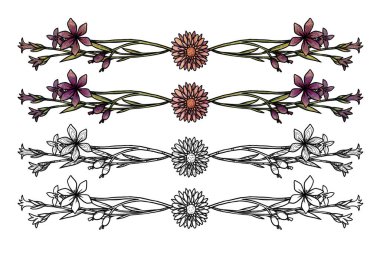 Boho çiçek çerçeveleri. Elle boyanmış ve çizilmiş sanat seti. Çiçek çizimleri. Vintage elementi. Wiccan ve pagan sanatı. Dekoratif bir doğa. Beyazda izole edilmiş