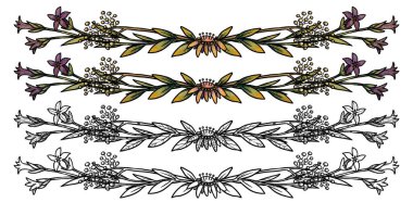 Boho çiçek çerçeveleri. Elle boyanmış ve çizilmiş sanat seti. Çiçek çizimleri. Vintage elementi. Wiccan ve pagan sanatı. Dekoratif bir doğa. Beyazda izole edilmiş