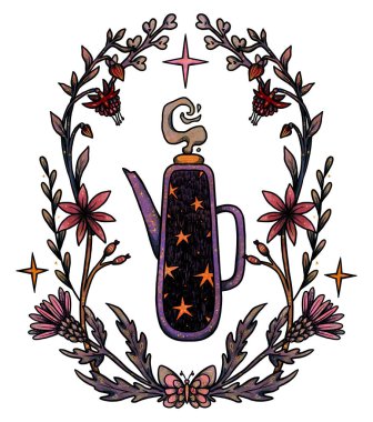 Peri çay partisi illüstrasyonu. Elle çizilmiş çaydanlıklar ve fincanlar. Çiçek kompozisyonu. Vintage elementi. Wiccan ve pagan sanatı. Dekoratif bir doğa. Beyazda izole edilmiş