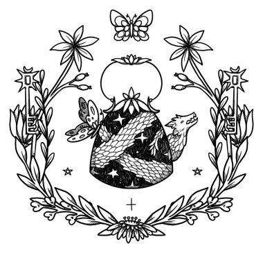 Peri çay partisi illüstrasyonu. El yapımı sanat çaydanlıkları ve fincanlar. Çiçek kompozisyonu. Vintage elementi. Wiccan ve pagan sanatı. Dekoratif bir doğa. İzole edilmiş