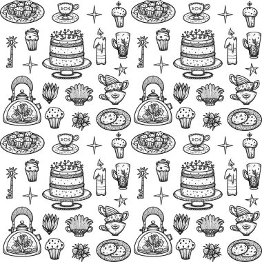 Peri Çay Partisi kusursuz desenler. El yapımı sanat bardakları ve çaydanlıklar. Boho ve klasik yemekler. Şamanik ve putperest titreşimler. Beyazda izole edilmiş.