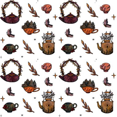 Peri Çay Partisi kusursuz desenler. Elle çizilmiş bardaklar ve çaydanlıklar. Boho ve klasik yemekler. Şamanik ve putperest titreşimler. Beyazda izole edilmiş.