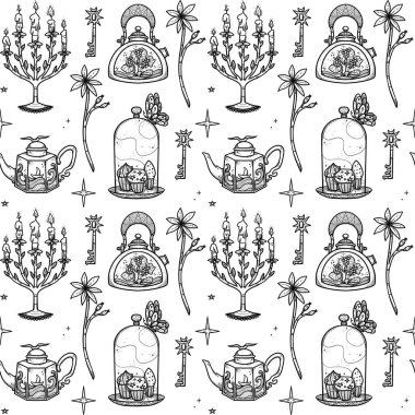 Peri Çay Partisi kusursuz desenler. El yapımı sanat bardakları ve çaydanlıklar. Boho ve klasik yemekler. Şamanik ve putperest titreşimler. Beyazda izole edilmiş.