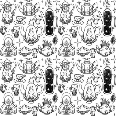 Peri Çay Partisi kusursuz desenler. El yapımı sanat bardakları ve çaydanlıklar. Boho ve klasik yemekler. Şamanik ve putperest titreşimler. Beyazda izole edilmiş.