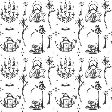 Peri Çay Partisi kusursuz desenler. El yapımı sanat bardakları ve çaydanlıklar. Boho ve klasik yemekler. Şamanik ve putperest titreşimler. Beyazda izole edilmiş.