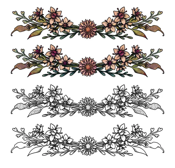 Boho Flower Frames Hand Drawn Colored Line Art Set Floral — Stock Photo, Image