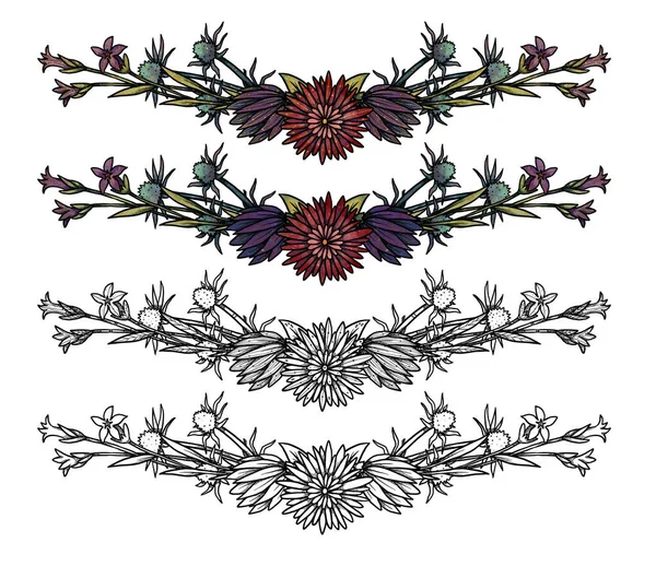 Boho Ramki Kwiatami Ręcznie Rysowane Kolorowe Linia Zestaw Sztuki Ilustracje — Zdjęcie stockowe