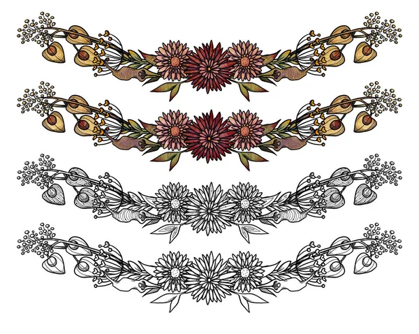 Boho Flower Frames Hand Drawn Colored Line Art Set Floral — Stock Photo, Image