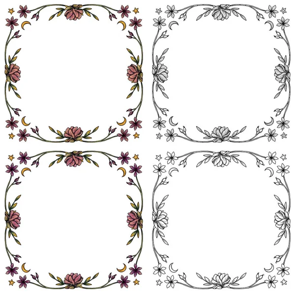 Boho Blume Quadratische Rahmen Handgezeichnetes Farb Und Linienkunstset Florale Illustrationen — Stockfoto