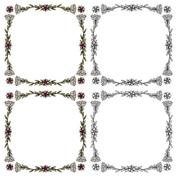 Boho Flower Square Frames Hand Drawn Colored Line Art Set — Stock Photo, Image