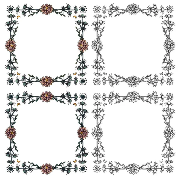 Kwadratowe Ramki Ręcznie Rysowane Kolorowe Linia Zestaw Sztuki Ilustracje Kwiatowe — Zdjęcie stockowe