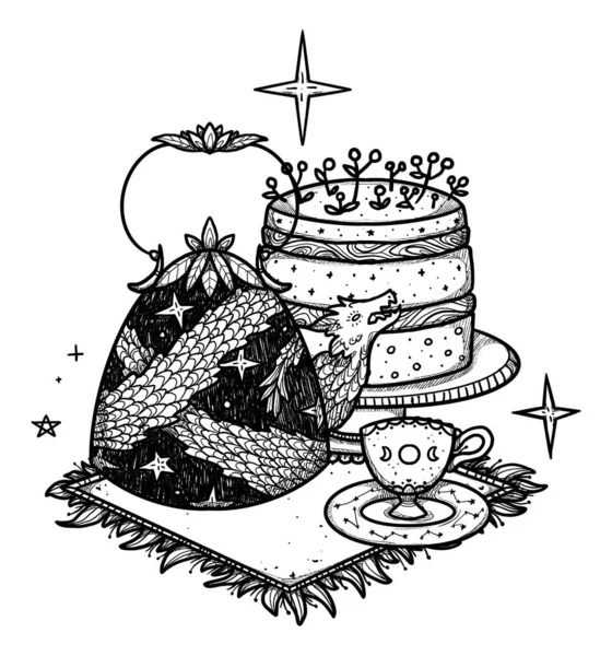 童话茶会的插图 手工画线艺术茶壶和茶杯 花的构图 复古元素 巫术和异教艺术 装饰的性质 被隔离了 — 图库照片