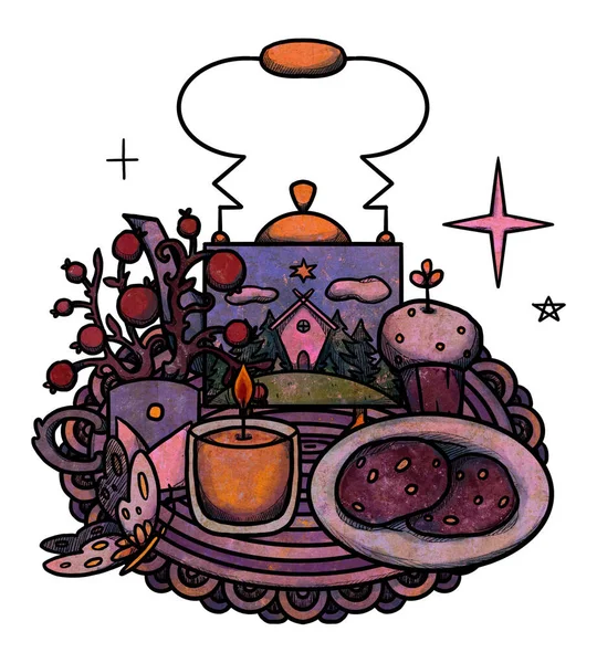 Иллюстрация Чаепития Цветные Чайники Чашки Ручной Работы Цветочный Состав Винтажный — стоковое фото