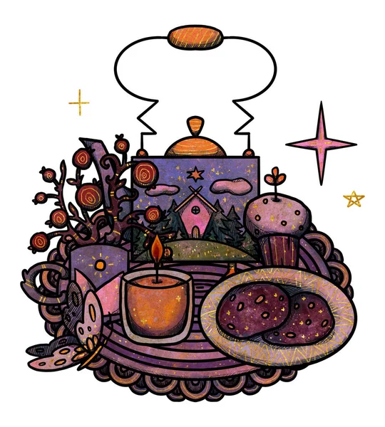 Illustrazione Fata Tea Party Teiere Colorate Disegnate Mano Tazze Composizione — Foto Stock