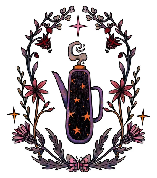 Illustrazione Fata Tea Party Teiere Colorate Disegnate Mano Tazze Composizione — Foto Stock